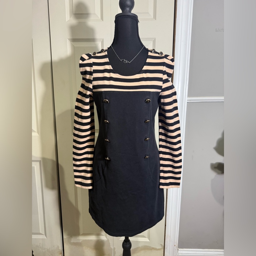 Striped Long Sleeve Dress - Black and Pink
